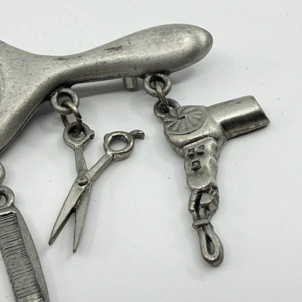 Hair Stylist Mirror Brooch Pin Silver Tone Comb Scissors Dryer Dangle Charms